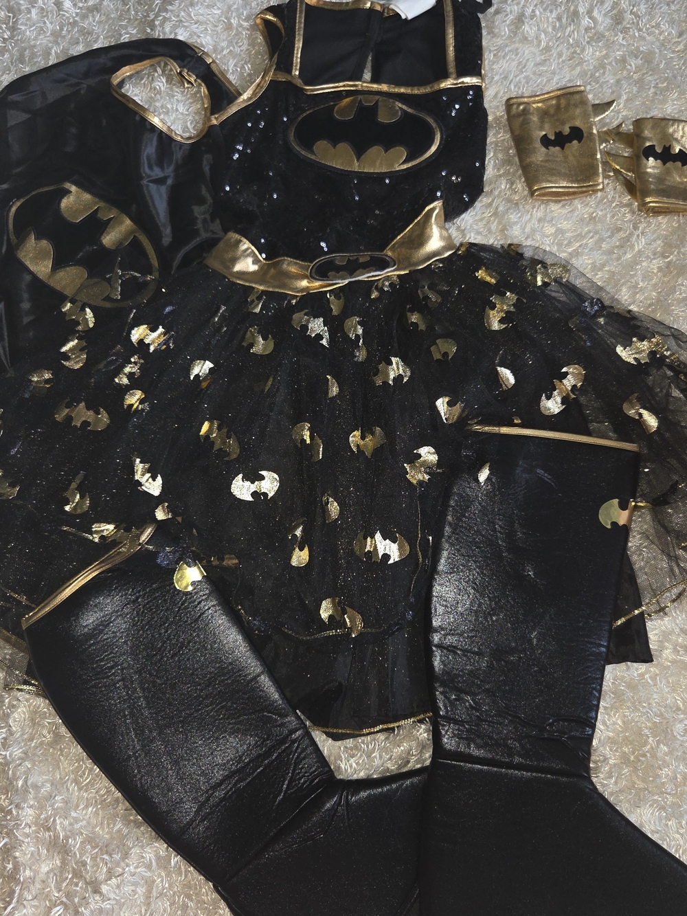 DC Comics Batgirl sequin tutu dress and accessory set featuring a black-and-gol